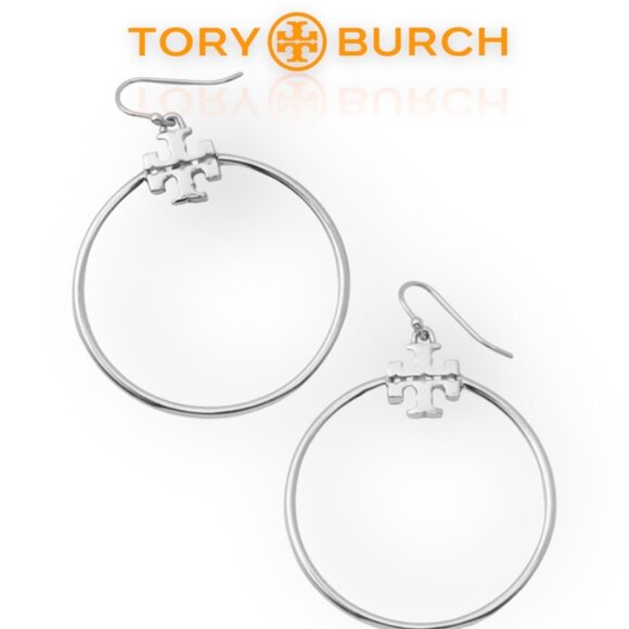 NEW! Tory Burch Silver Stacked T Logo Hoop Earrings - Picture 1 of 4